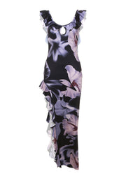 Elegant Purple Ruffled Asymmetrical Print Cotton Dress Summer