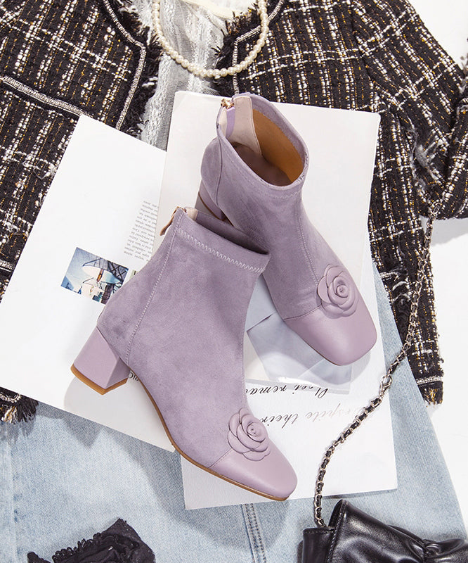 Elegant Purple Suede Floral Splicing Chunky Boots