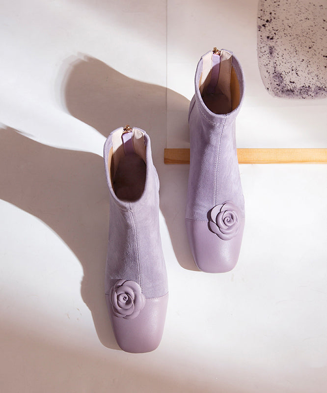 Elegant Purple Suede Floral Splicing Chunky Boots