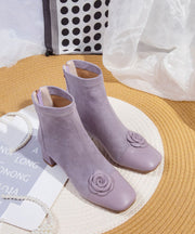 Elegant Purple Suede Floral Splicing Chunky Boots