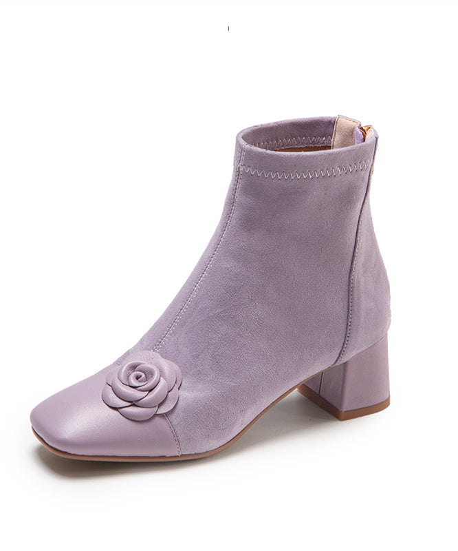 Elegant Purple Suede Floral Splicing Chunky Boots