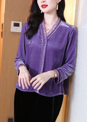 Elegant Purple V Neck Patchwork Velour Shirts Spring