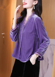 Elegant Purple V Neck Patchwork Velour Shirts Spring