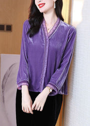Elegant Purple V Neck Patchwork Velour Shirts Spring