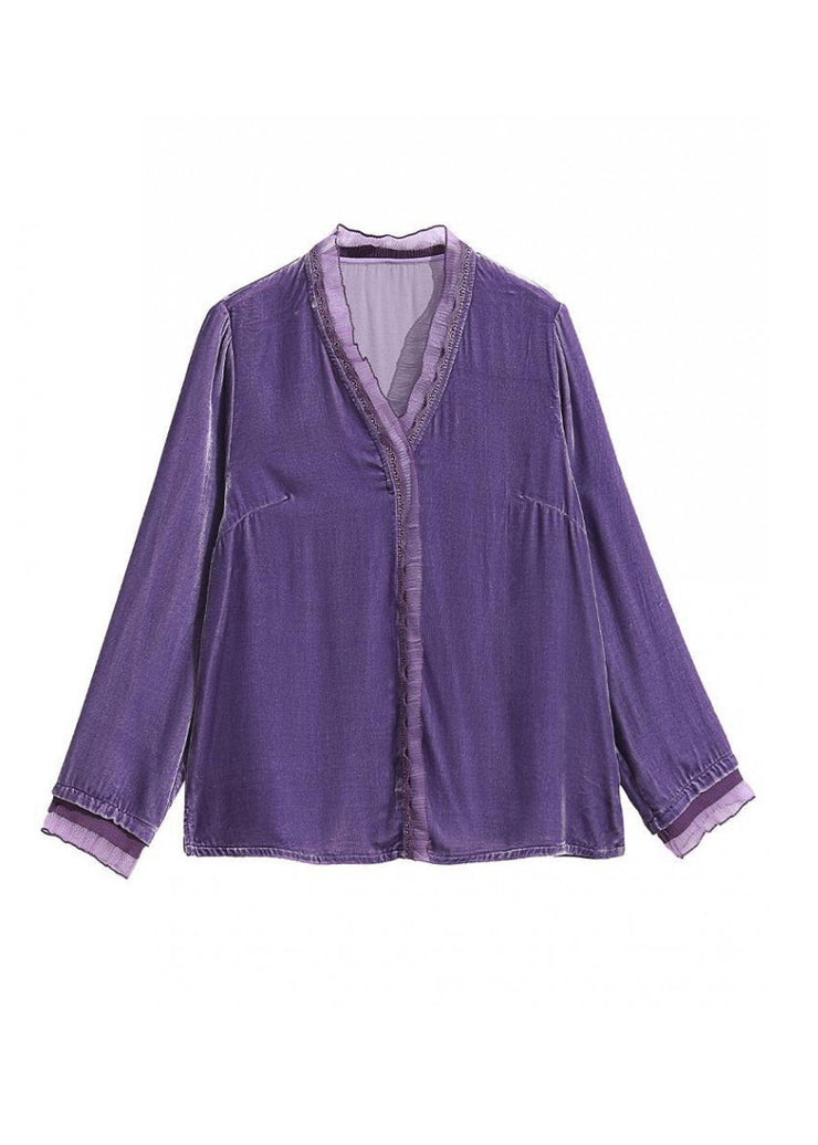 Elegant Purple V Neck Patchwork Velour Shirts Spring