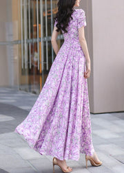 Elegant Purple V Neck Print Wrinkled Chiffon Dress Summer