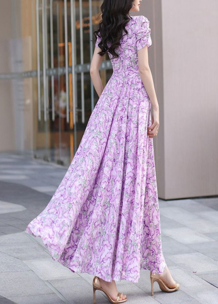 Elegant Purple V Neck Print Wrinkled Chiffon Dress Summer