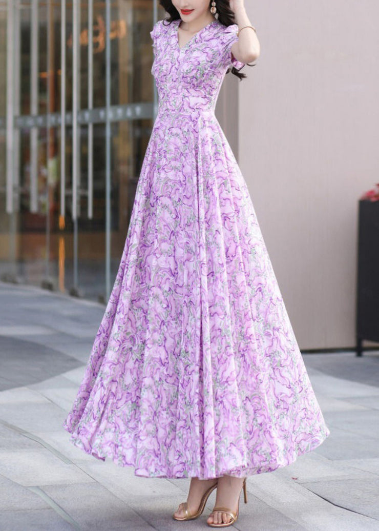 Elegant Purple V Neck Print Wrinkled Chiffon Dress Summer