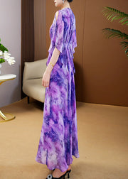 Elegant Purple V Neck Print Wrinkled Chiffon Maxi Dress Summer