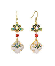 Elegant Rainbow Sterling Silver Overgild Jade Pearl Enamel Floral Drop Earrings