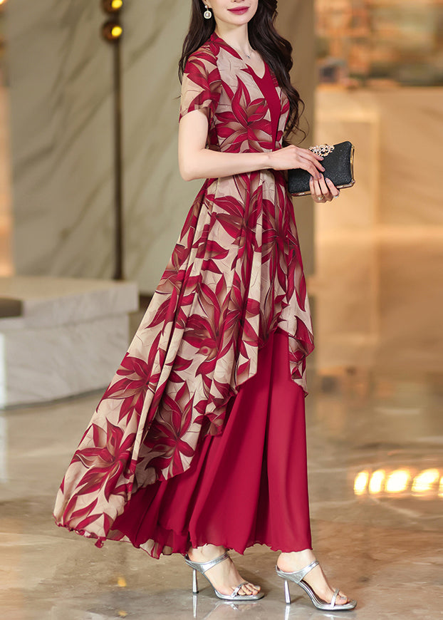 Elegant Red Asymmetrical Patchwork Print Chiffon Dress Summer