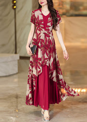 Elegant Red Asymmetrical Patchwork Print Chiffon Dress Summer