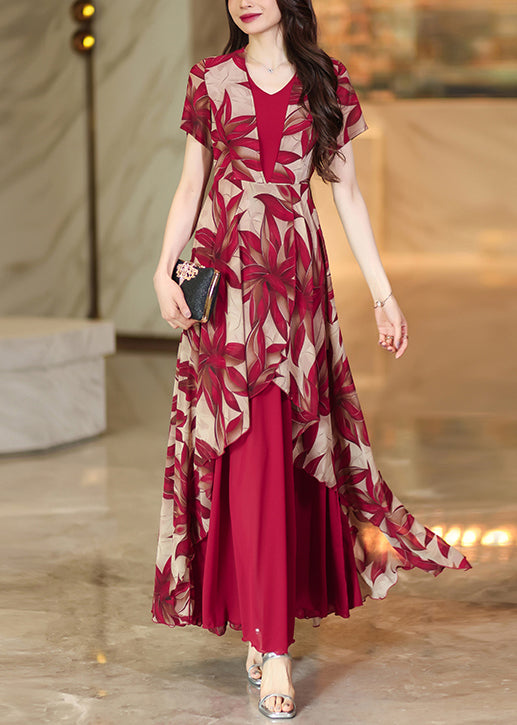 Elegant Red Asymmetrical Patchwork Print Chiffon Dress Summer