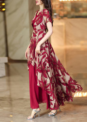 Elegant Red Asymmetrical Patchwork Print Chiffon Dress Summer