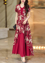 Elegant Red Asymmetrical Patchwork Print Chiffon Dress Summer