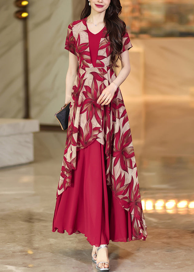 Elegant Red Asymmetrical Patchwork Print Chiffon Dress Summer