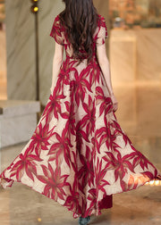 Elegant Red Asymmetrical Patchwork Print Chiffon Dress Summer