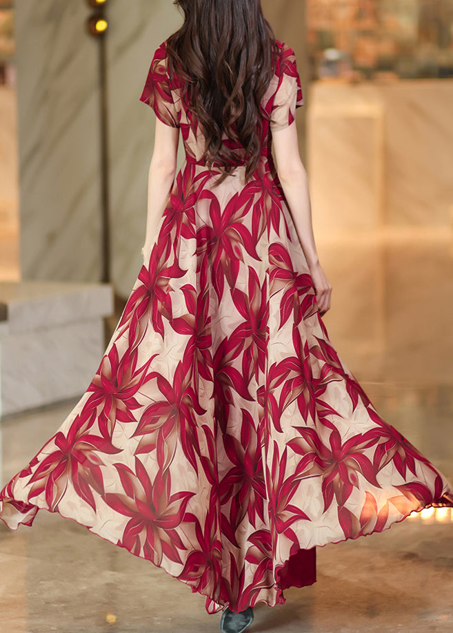Elegant Red Asymmetrical Patchwork Print Chiffon Dress Summer