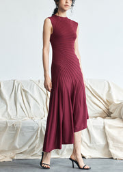 Elegant Red Asymmetrical Striped Cotton Long Dresses Sleeveless