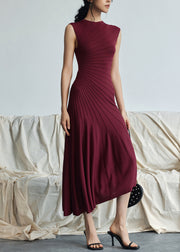 Elegant Red Asymmetrical Striped Cotton Long Dresses Sleeveless