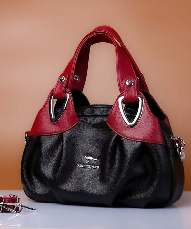 Elegant Red Black Versatile Calf Leather Tote Handbag