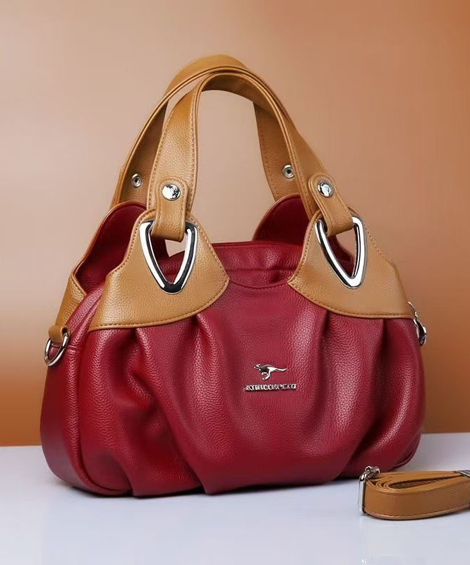 Elegant Red Black Versatile Calf Leather Tote Handbag