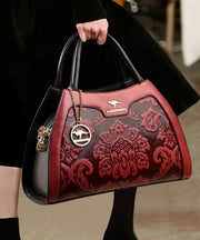 Elegant Red Embossed Calf Leather Tote Bag