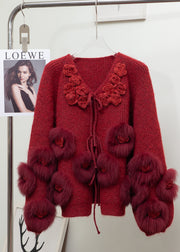 Elegant Red Floral Decorated Patchwork Fox Fur Knit Cardigan Winter