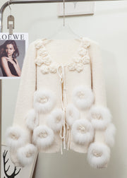 Elegant Red Floral Decorated Patchwork Fox Fur Knit Cardigan Winter