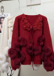 Elegant Red Floral Decorated Patchwork Fox Fur Knit Cardigan Winter