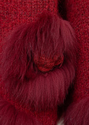 Elegant Red Floral Decorated Patchwork Fox Fur Knit Cardigan Winter