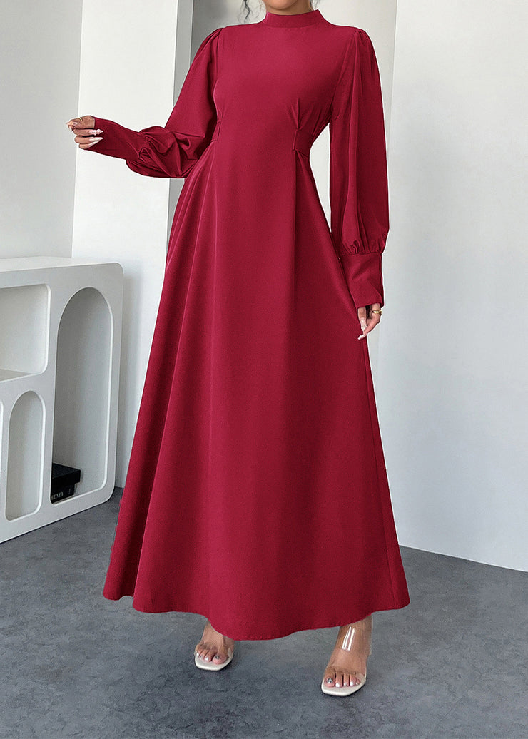 Elegant Red Hign Neck Cotton Maxi Dresses Lantern Sleeve