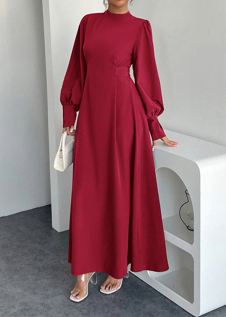 Elegant Red Hign Neck Cotton Maxi Dresses Lantern Sleeve