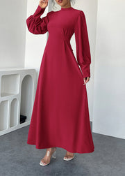 Elegant Red Hign Neck Cotton Maxi Dresses Lantern Sleeve