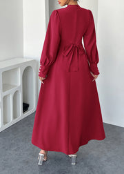 Elegant Red Hign Neck Cotton Maxi Dresses Lantern Sleeve