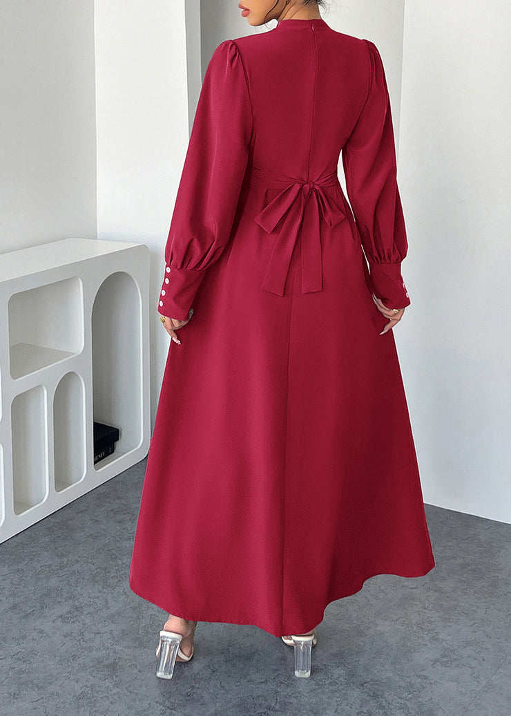 Elegant Red Hign Neck Cotton Maxi Dresses Lantern Sleeve