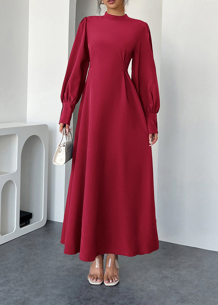 Elegant Red Hign Neck Cotton Maxi Dresses Lantern Sleeve