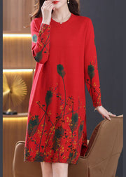 Elegant Red O Neck Print Knit Sweater Dress Fall