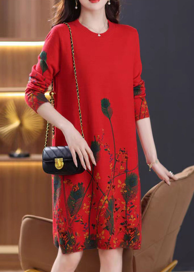 Elegant Red O Neck Print Knit Sweater Dress Fall