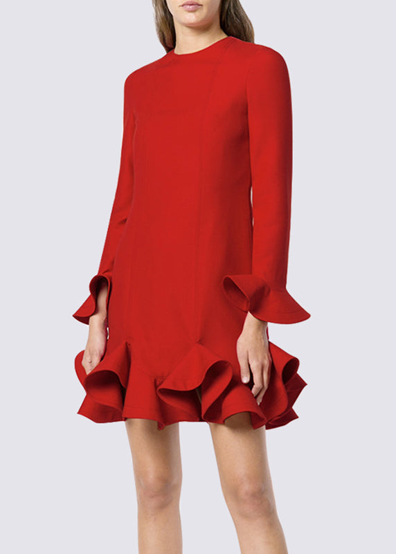 Elegant Red O-Neck Ruffled Patchwork Mid Dress Spring