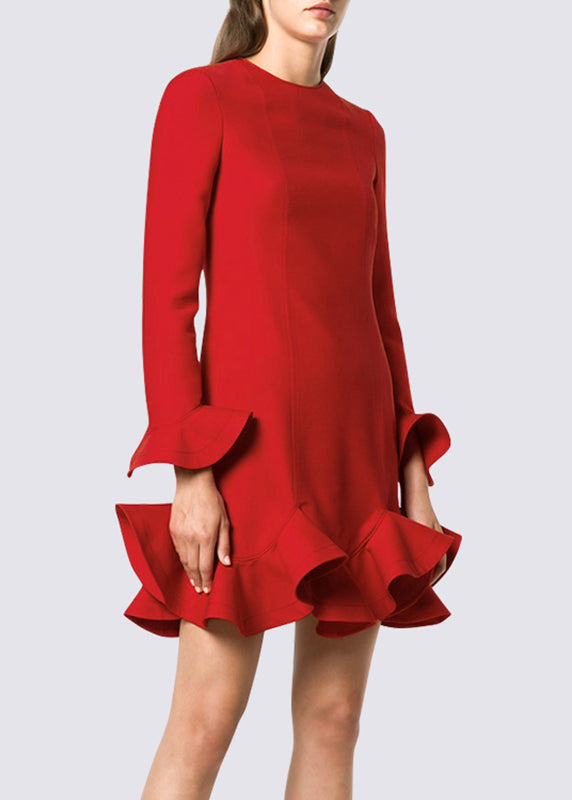 Elegant Red O-Neck Ruffled Patchwork Mid Dress Spring