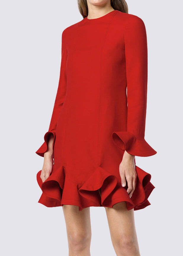 Elegant Red O-Neck Ruffled Patchwork Mid Dress Spring