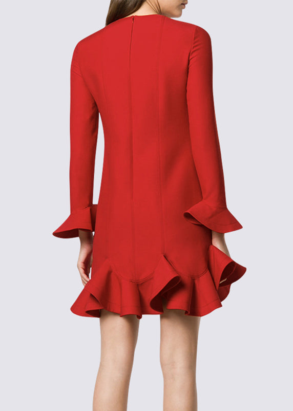 Elegant Red O-Neck Ruffled Patchwork Mid Dress Spring