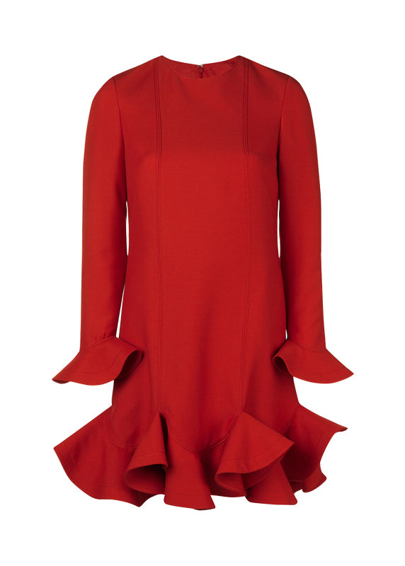 Elegant Red O-Neck Ruffled Patchwork Mid Dress Spring