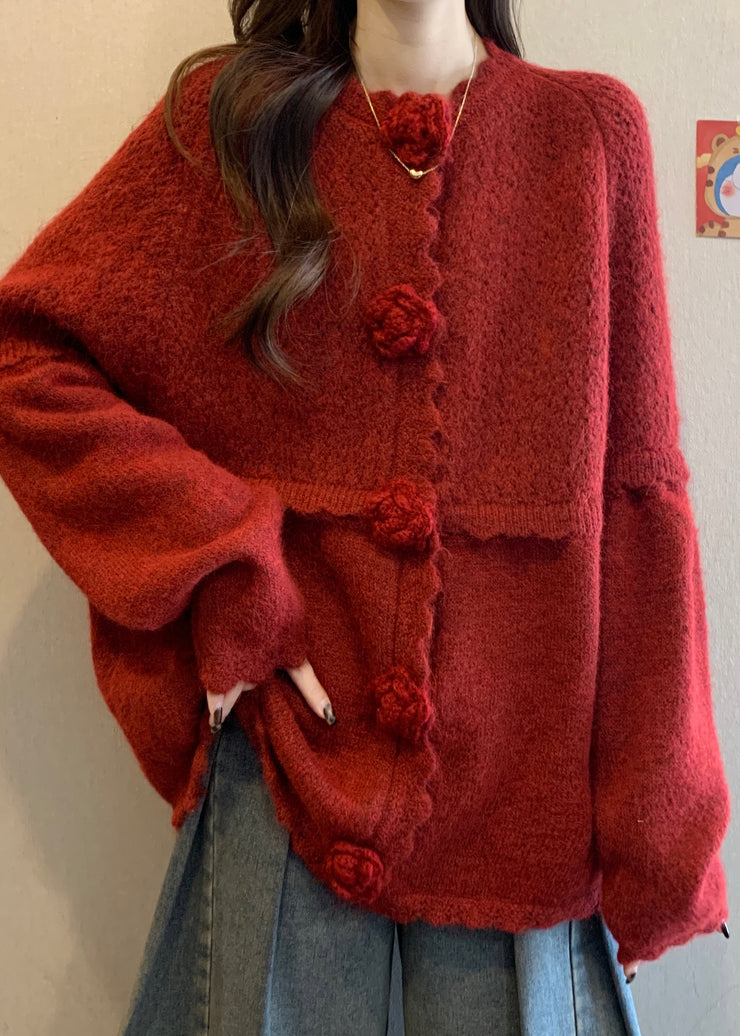 Elegant Red Oversized Three-dimensional Floral Knitted Tops Fall
