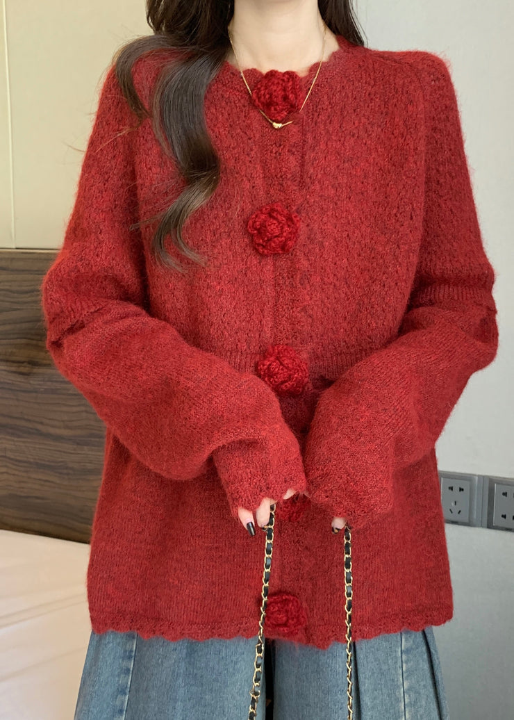 Elegant Red Oversized Three-dimensional Floral Knitted Tops Fall
