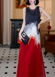 Elegant Red Oversized Tie Dye Chiffon A Line Dress Sleeveless