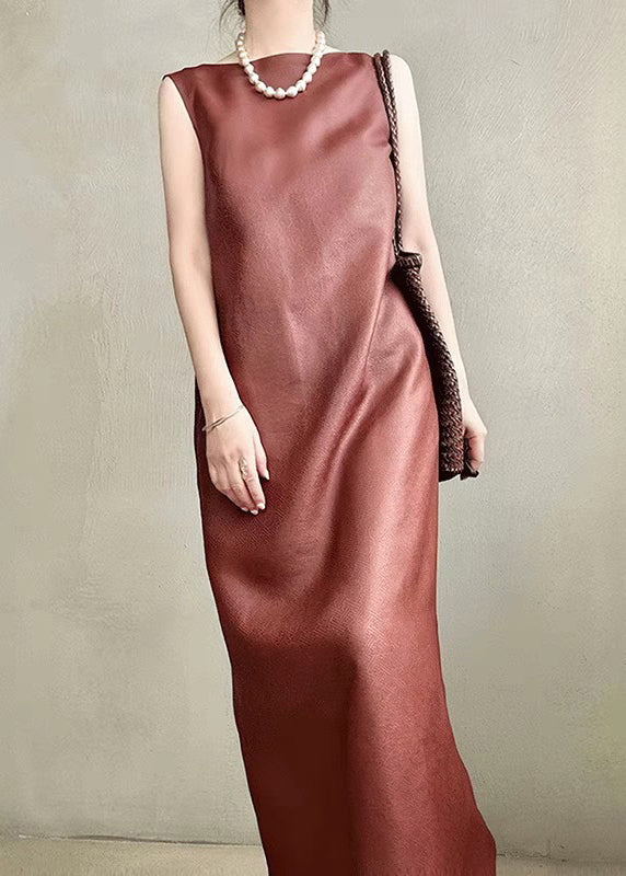 Elegant Red Pockets Back Side Open Silk Long Dress Sleeveless