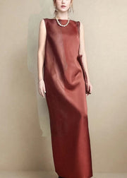 Elegant Red Pockets Back Side Open Silk Long Dress Sleeveless