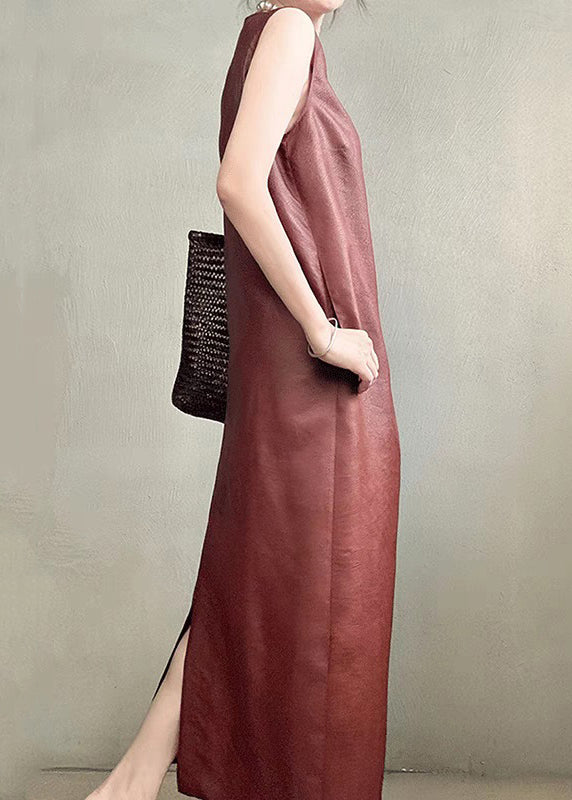 Elegant Red Pockets Back Side Open Silk Long Dress Sleeveless